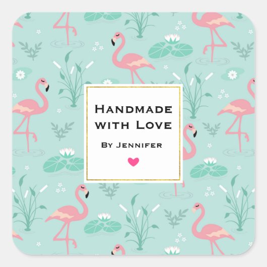 Handgemaakt met Love Pastel Roze Flamingo's Patroo Vierkante Sticker (Voorkant)