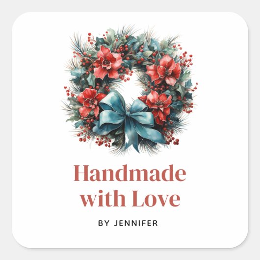 Handgemaakt met Love Pine Wreath met Holly Vierkante Sticker (Voorkant)