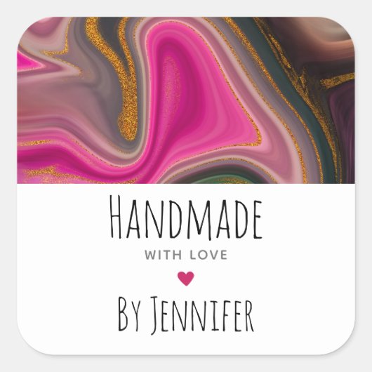 Handgemaakt met Love Pink, Black, Gold Abstract Vierkante Sticker (Voorkant)