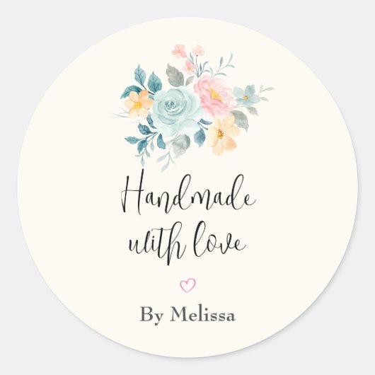 Handgemaakt met Love Pink & Blue Flower Bouquet Ronde Sticker (Voorkant)