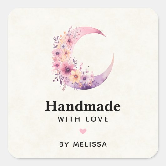 Handgemaakt met Love Pink Crescent Moon Vierkante Sticker (Voorkant)