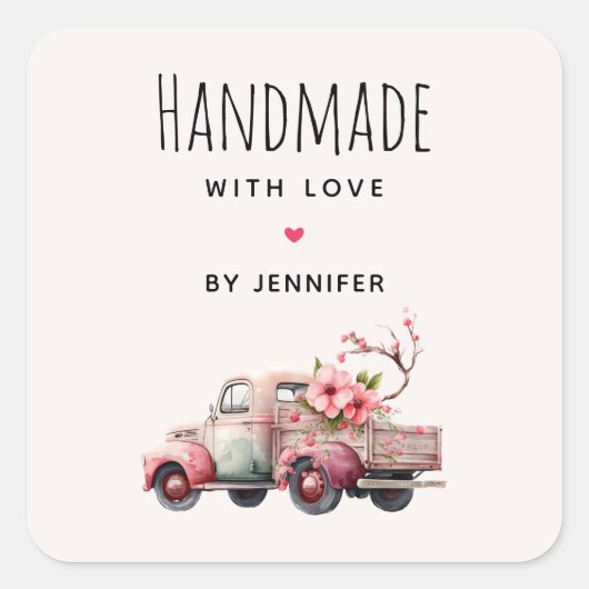 Handgemaakt met Love Pink  Farmer's Truck Vierkante Sticker (Voorkant)