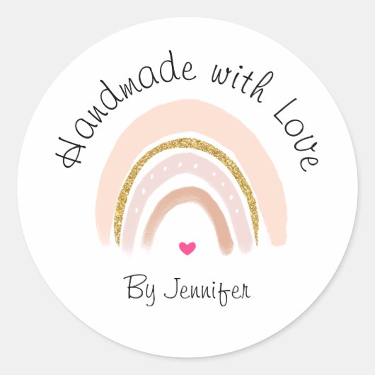Handgemaakt met Love Pink & Faux Glitter Regenboog Ronde Sticker (Voorkant)