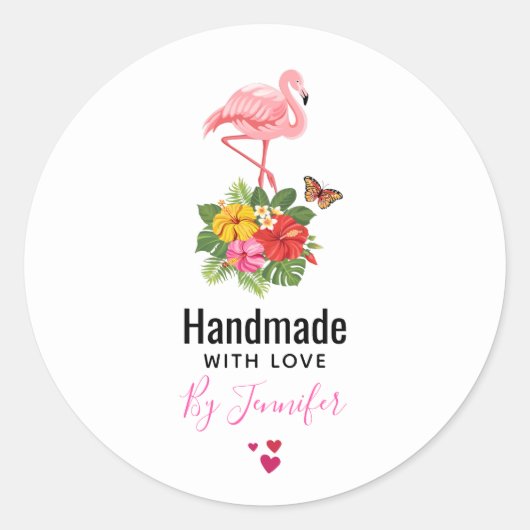 Handgemaakt met Love Pink Flamingo & Tropische Flo Ronde Sticker (Voorkant)