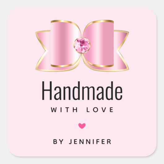 Handgemaakt met Love Pink Glam Bow Fancy en Elegan Vierkante Sticker (Voorkant)