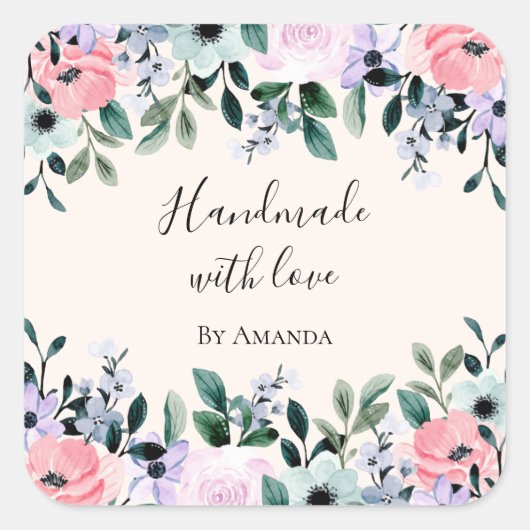 Handgemaakt met Love Pink & Green Floral Waterverf Vierkante Sticker (Voorkant)