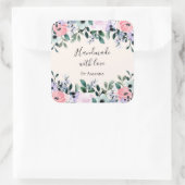Handgemaakt met Love Pink & Green Floral Waterverf Vierkante Sticker (Tas)