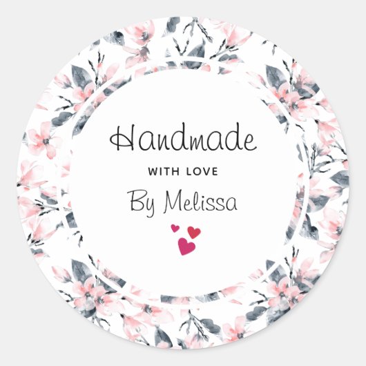 Handgemaakt met Love Pink & Grey Bloemen Patroon Ronde Sticker (Voorkant)
