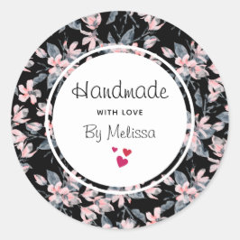 Handgemaakt met Love Pink & Grey Bloemen Patroon Ronde Sticker