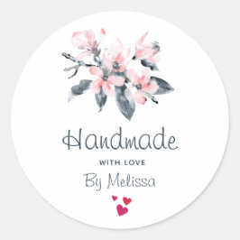 Handgemaakt met Love Pink & Grey Flowers Waterverf Ronde Sticker