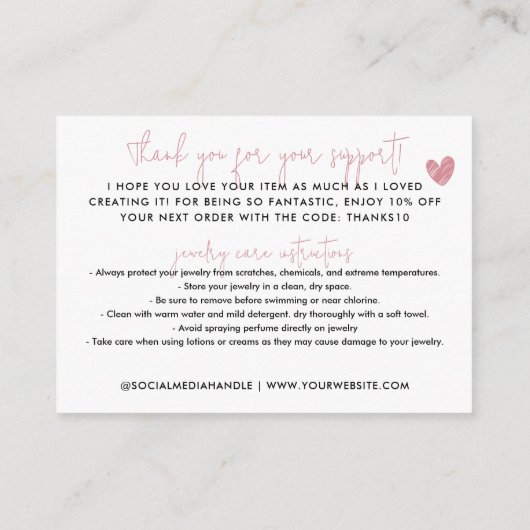 Handgemaakt met Love Pink Thank You Sieraden Care Informatiekaartje (Achterkant)