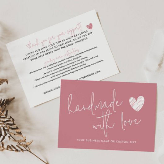 Handgemaakt met Love Pink Thank You Sieraden Care Informatiekaartje