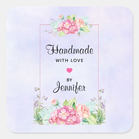 Handgemaakt met Love Pink Waterverf Floral Lijst Vierkante Sticker (Voorkant)