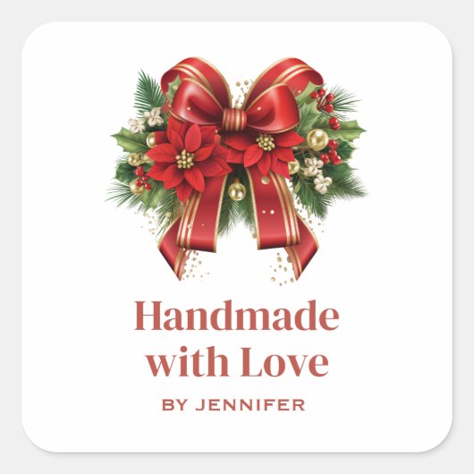 Handgemaakt met Love Red en Gold Christmas Bow Vierkante Sticker (Voorkant)