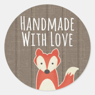 Handgemaakt met Love Red Fox op Rustic Wood Kinder Ronde Sticker