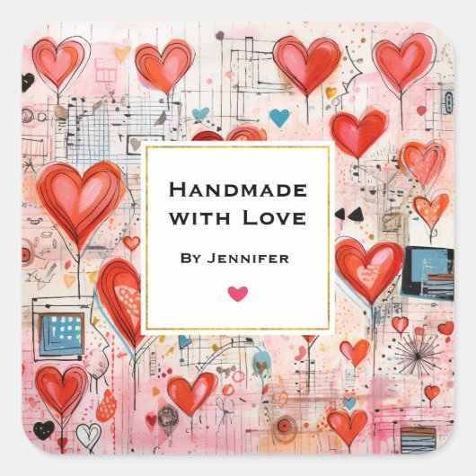 Handgemaakt met Love Red Hearts Fun Love Pattern Vierkante Sticker (Voorkant)