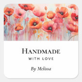 Handgemaakt met Love Red Waterverf Poppies Vierkante Sticker (Voorkant)