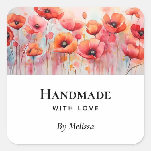 Handgemaakt met Love Red Waterverf Poppies Vierkante Sticker (Voorkant)