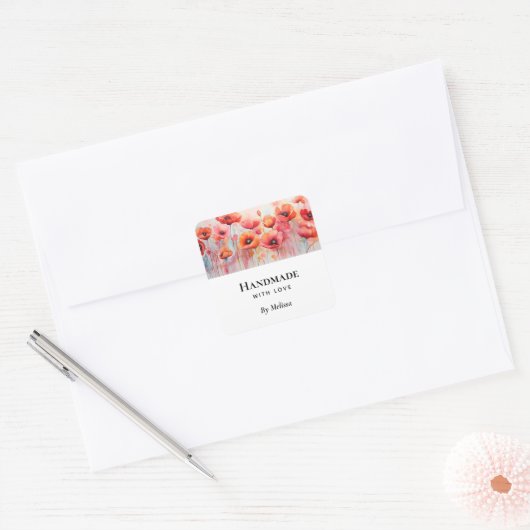 Handgemaakt met Love Red Waterverf Poppies Vierkante Sticker (Envelop)