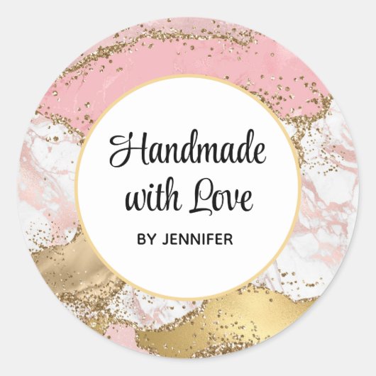 Handgemaakt met Love Roos Gold Pink Marble Design Ronde Sticker (Voorkant)