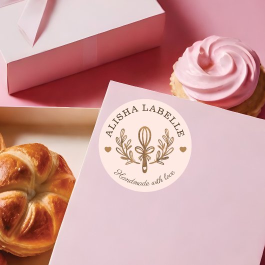 Handgemaakt met Love Rustic Wood Bakery Whisk Logo Ronde Sticker