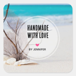 Handgemaakt met Love Sandy Beach Witte Zeeschelpen Vierkante Sticker