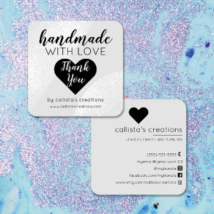 Handgemaakt met Love Silver Grey Glitter Geo Heart Vierkante Visitekaartje