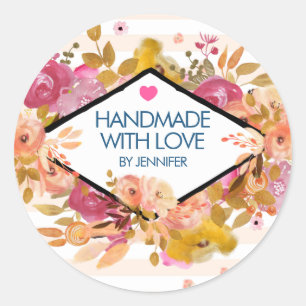Handgemaakt met Love Sinaasappel Pink Flowers Ronde Sticker