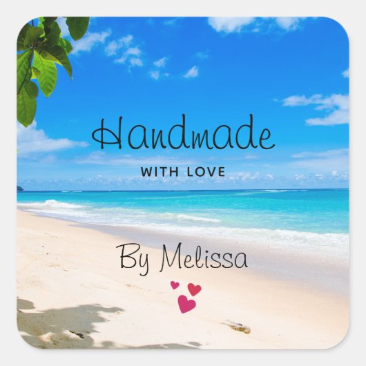 Handgemaakt met Love Sun Sand en Surf Photography Vierkante Sticker (Voorkant)