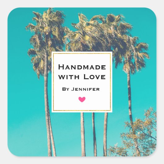 Handgemaakt met Love Tropical Palm Trees Retro Vierkante Sticker (Voorkant)