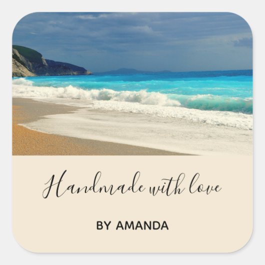 Handgemaakt met Love Turquoise Blue Zee Tropical Vierkante Sticker (Voorkant)