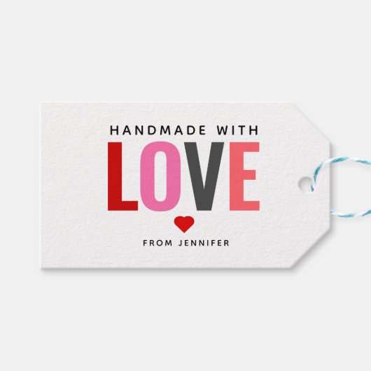 Handgemaakt met Love Valentijnsdag Red Heart Name Cadeaulabel (Voorkant (Horizontaal))