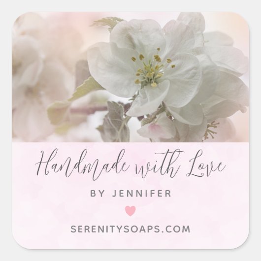 Handgemaakt met Love White Apple Blossom Photograp Vierkante Sticker (Voorkant)