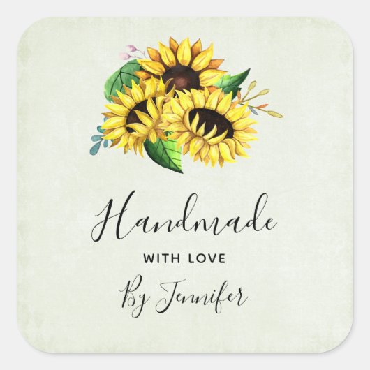 Handgemaakt met Love Yellow Sunflower Bouquet Vierkante Sticker (Voorkant)