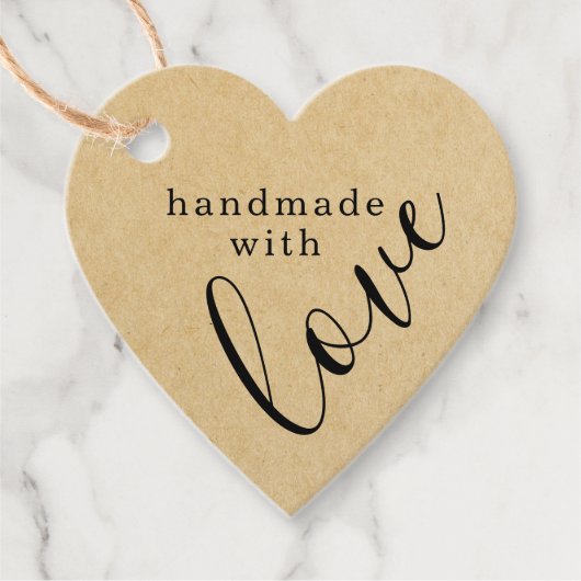 Handgemaakt met Love Zwart Script Kraft Heart Bedankjes Labels (Voorkant)