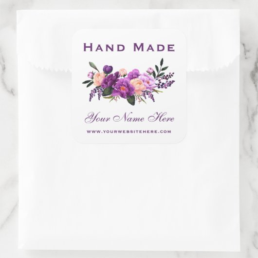 Handgemaakt Paars Violet Waterverf Floral Small Vierkante Sticker (Tas)