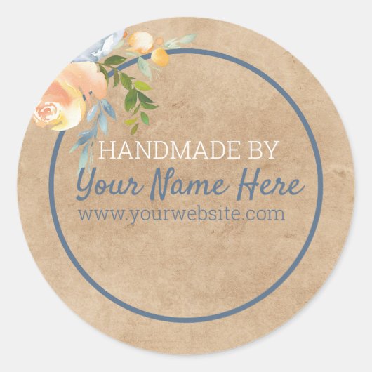 Handgemaakt Product Blauw en Perzik Bloemen Kraft  Ronde Sticker (Voorkant)