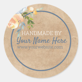Handgemaakt Product Blauw en Perzik Bloemen Kraft  Ronde Sticker