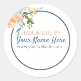 Handgemaakt Product Blauw en Perzik Bloemen Ronde Sticker