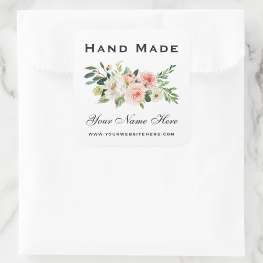 Handgemaakt Roze witte Waterverf Floral Small Vierkante Sticker (Tas)