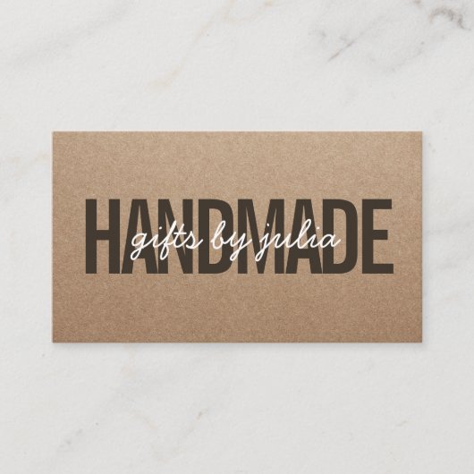 Handgemaakt rustiek bruin kraft wit script visitekaartje (Voorkant)