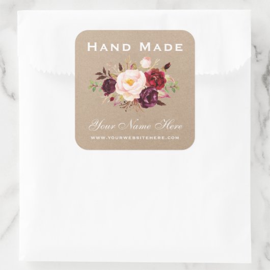Handgemaakt Waterverf Burgundy Floral Kraft Small Vierkante Sticker (Tas)