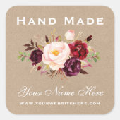 Handgemaakt Waterverf Burgundy Floral Kraft Small Vierkante Sticker (Voorkant)