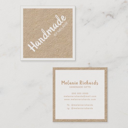 Handgemaakt wit script bruin rustige kraft vierkante visitekaartje (Voorkant / Achterkant)