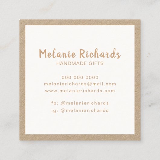 Handgemaakt wit script bruin rustige kraft vierkante visitekaartje (Achterkant)