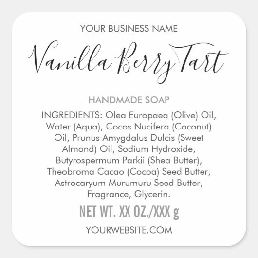 Handgemaakte Artisan Soap Ingredient Productlabel Vierkante Sticker (Voorkant)