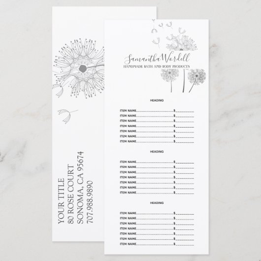 Handgemaakte Bad Body Beauty Products Prijslijst Menu (Voorkant / Achterkant)