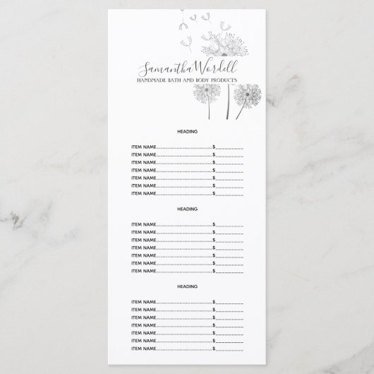 Handgemaakte Bad Body Beauty Products Prijslijst Menu (Voorkant)