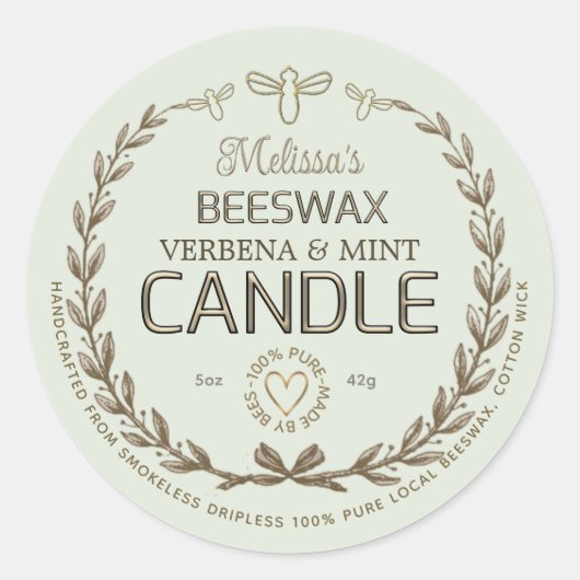 Handgemaakte bijenwas-kaars met baard hart ronde sticker (Voorkant)