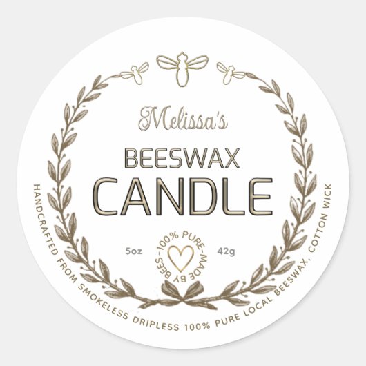 Handgemaakte bijenwas-kaars  met baard hart ronde sticker (Voorkant)